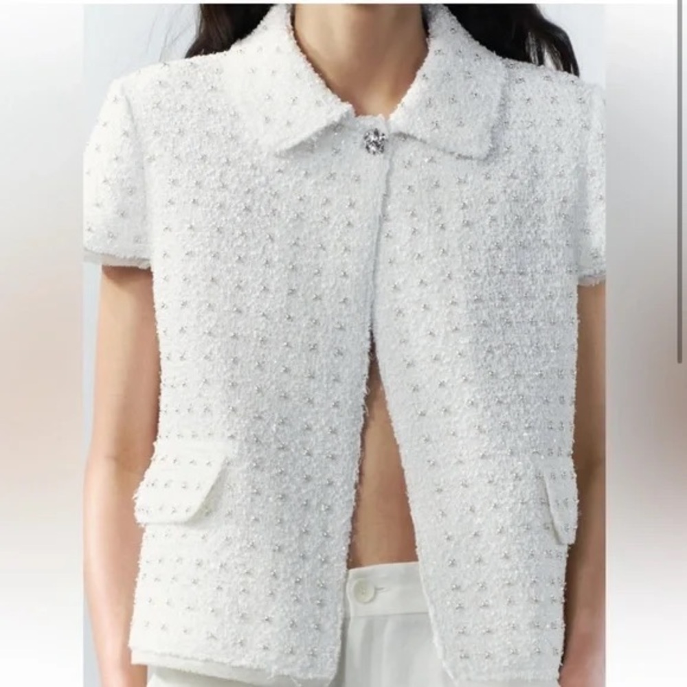 Zara beaded textured embellished short sleeve blazer white size S
